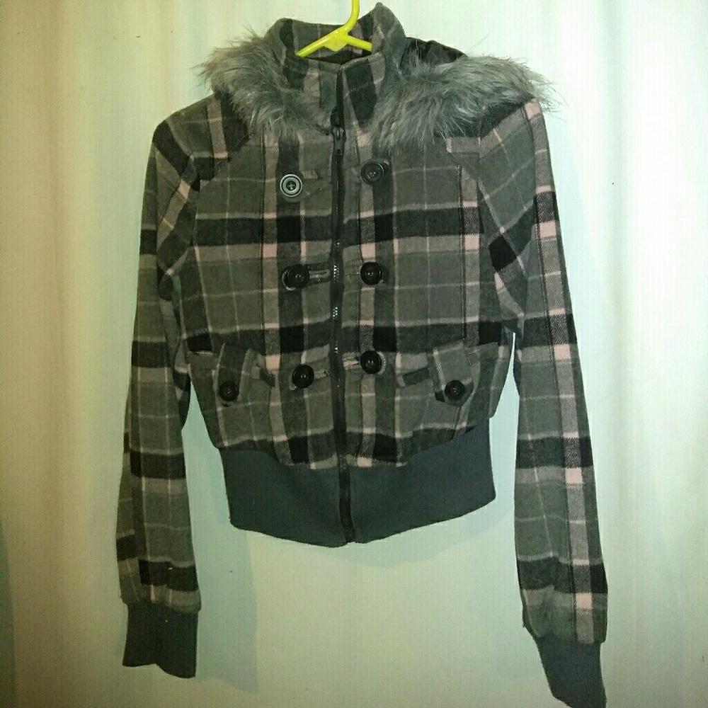 Ashley Pink and Gray Plaid Hooded Jacket sz M